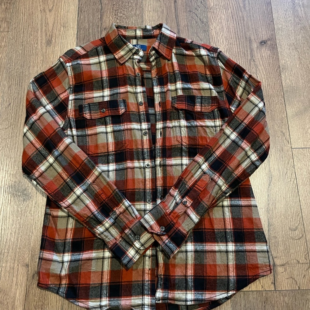 George Orange, Black, White, Brown/Tan Men’s Medium Plaid Flannel Cozy Button Up